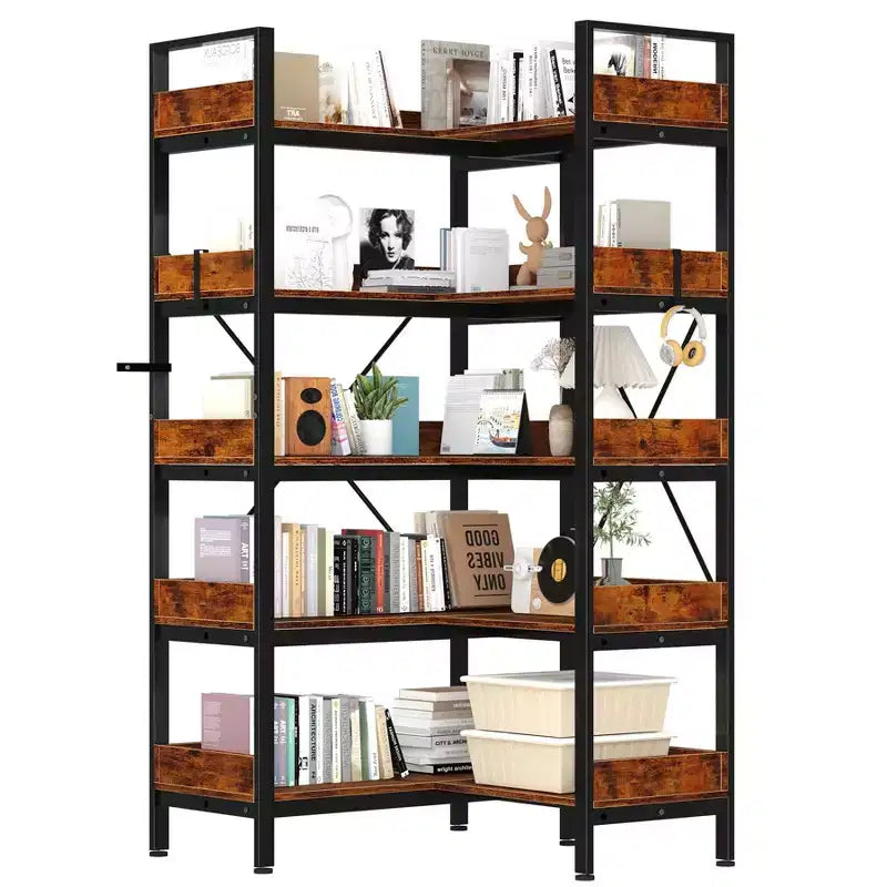 5 Tier Bookshelf, L Shaped Reversible Corner Bookcase, 65 Industrial Wooden Bookshelf with Open Shelves and Metal Frame, Adjustable Feet
