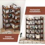 Libreria a 5 livelli, libreria angolare reversibile a forma di L, libreria industriale in legno da 65" con ripiani aperti e struttura in metallo, piedini regolabili