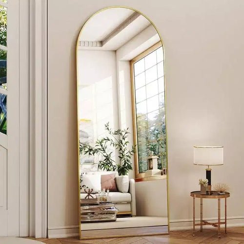 Specchio a figura intera ad arco da 56 pollici con cornice in lega di alluminio, specchio da terra dorato da parete grande specchio da toeletta