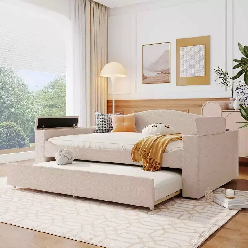 MAYEERTY Full Size Teddy Fleece Upholstered Daybed, Storage Armrests Trundle Bluetooth Audio, Bedroom, Beige
