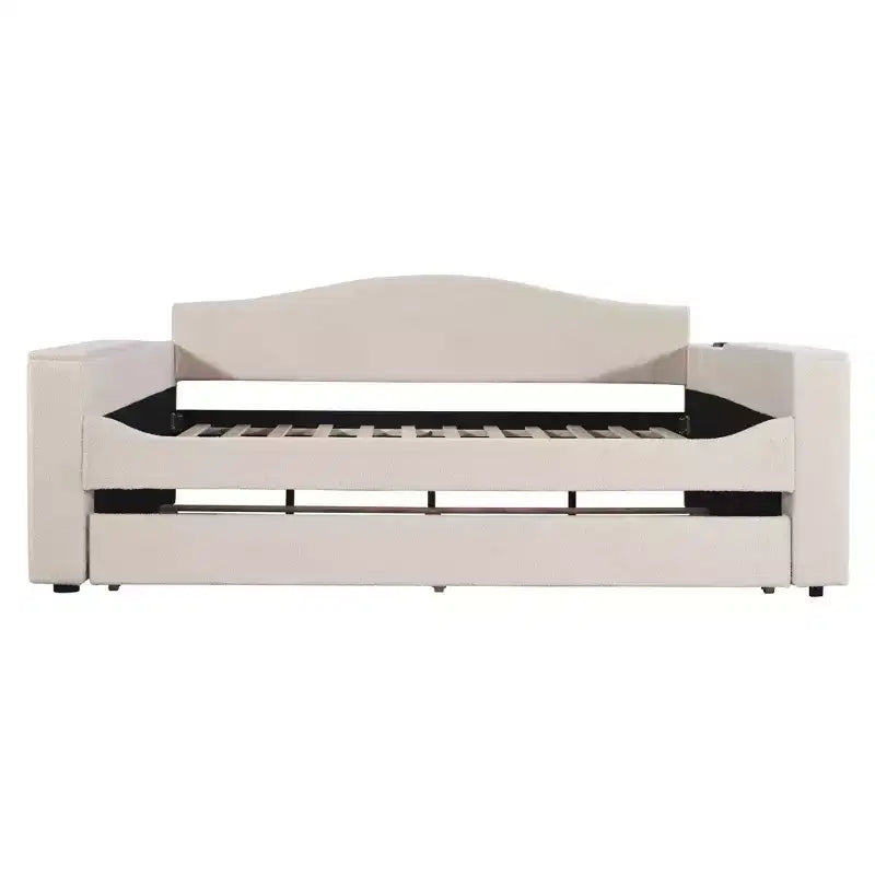 Letto a giorno imbottito in pile Teddy, braccioli contenitori, rotelle, audio Bluetooth, camera da letto, beige