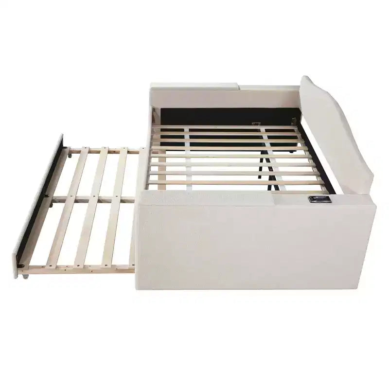 Letto a giorno imbottito in pile Teddy, braccioli contenitori, rotelle, audio Bluetooth, camera da letto, beige