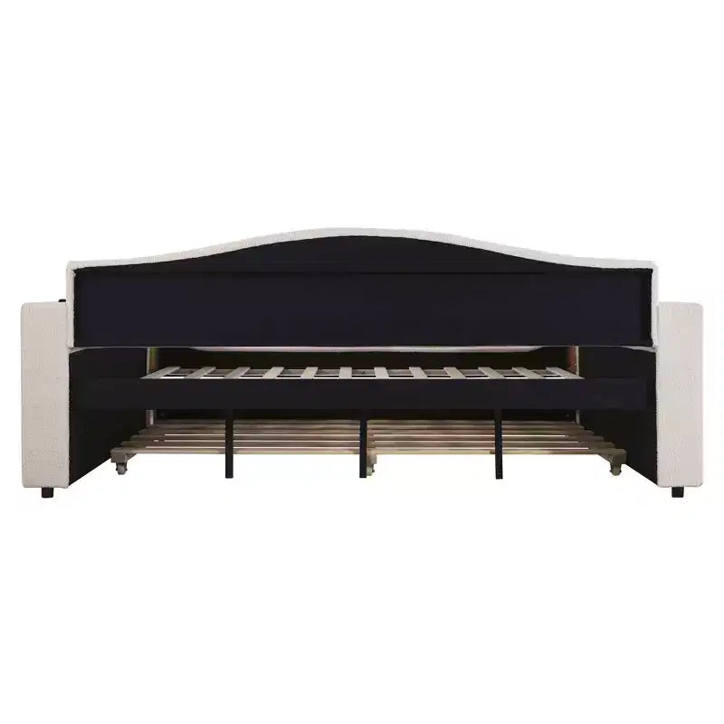 Letto a giorno imbottito in pile Teddy, braccioli contenitori, rotelle, audio Bluetooth, camera da letto, beige