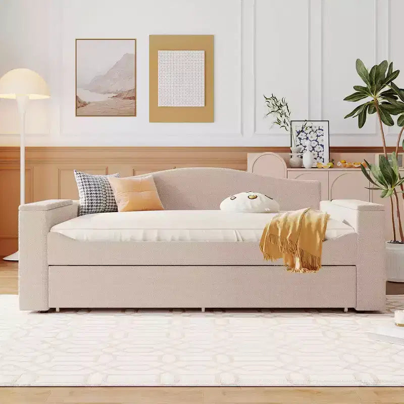 Letto a giorno imbottito in pile Teddy, braccioli contenitori, rotelle, audio Bluetooth, camera da letto, beige