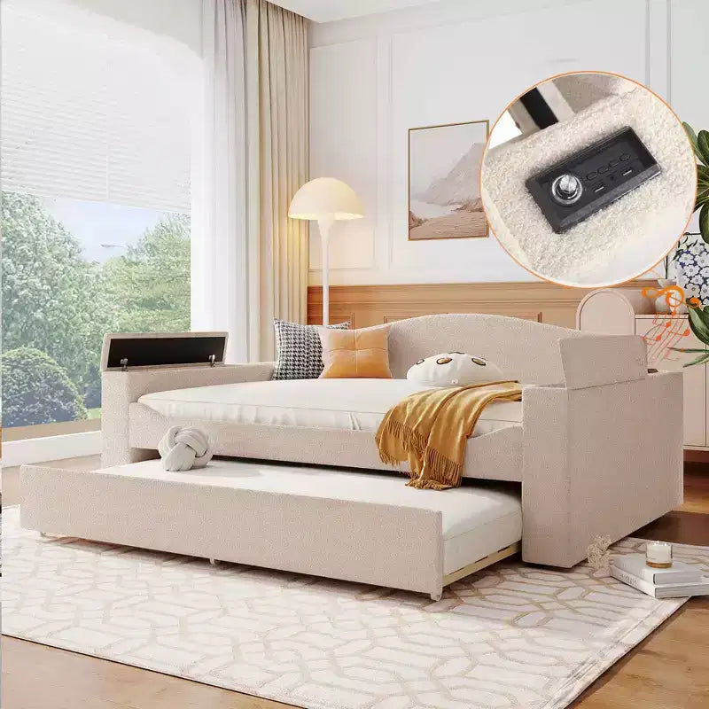 Letto a giorno imbottito in pile Teddy, braccioli contenitori, rotelle, audio Bluetooth, camera da letto, beige