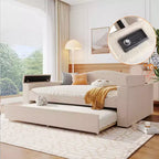 Letto a giorno imbottito in pile Teddy, braccioli contenitori, rotelle, audio Bluetooth, camera da letto, beige