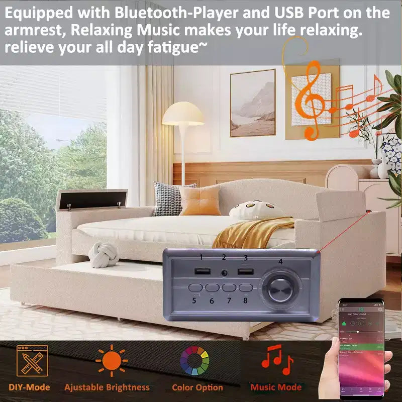 Letto a giorno imbottito in pile Teddy, braccioli contenitori, rotelle, audio Bluetooth, camera da letto, beige