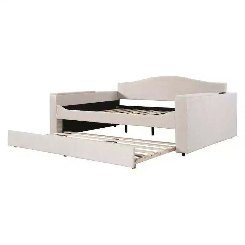 Letto a giorno imbottito in pile Teddy, braccioli contenitori, rotelle, audio Bluetooth, camera da letto, beige