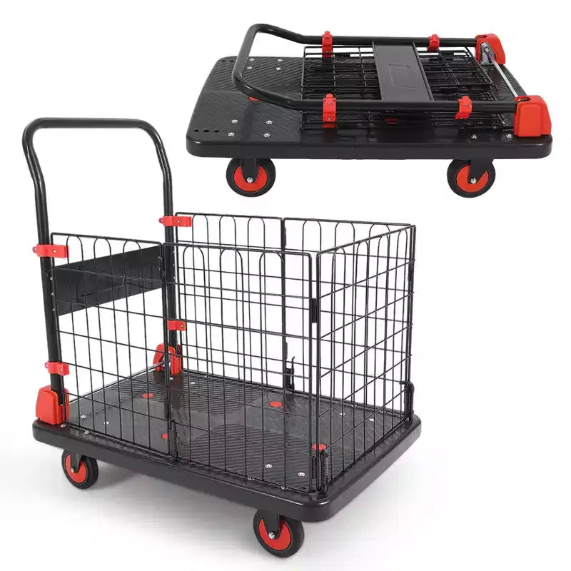 Heavy Duty Hand Moving Cart 1000LBS Capacity Platform Truck Cart with Cage,Folding Carts with Wheels,Foldable Dolly Carts with Basket