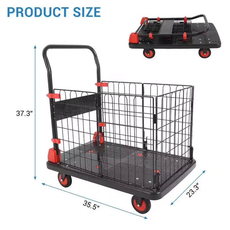 Carrello Piattaforma Robusto 1000 libbre con Gabbia, Carrelli Pieghevoli con Ruote, Carrelli Dolly Pieghevoli con Cesto