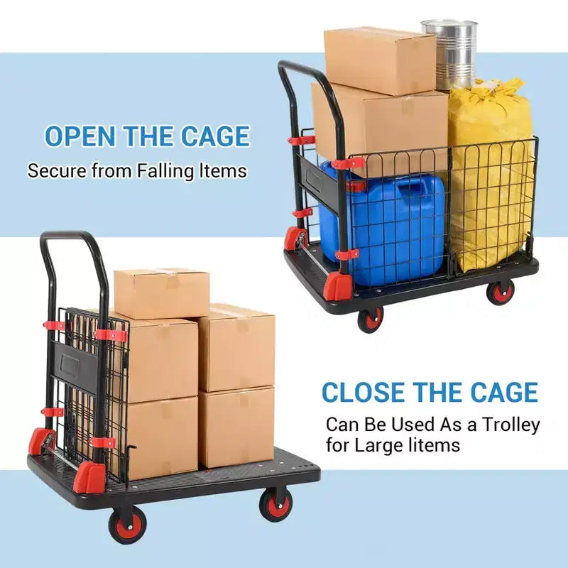Carrello Piattaforma Robusto 1000 libbre con Gabbia, Carrelli Pieghevoli con Ruote, Carrelli Dolly Pieghevoli con Cesto