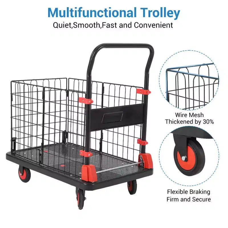 Carrello Piattaforma Robusto 1000 libbre con Gabbia, Carrelli Pieghevoli con Ruote, Carrelli Dolly Pieghevoli con Cesto