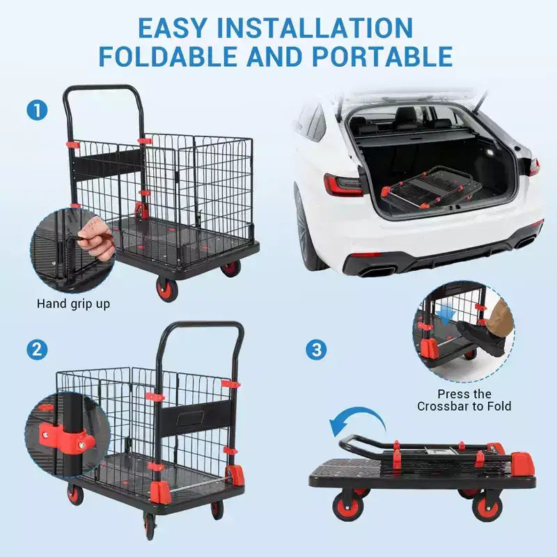 Carrello Piattaforma Robusto 1000 libbre con Gabbia, Carrelli Pieghevoli con Ruote, Carrelli Dolly Pieghevoli con Cesto