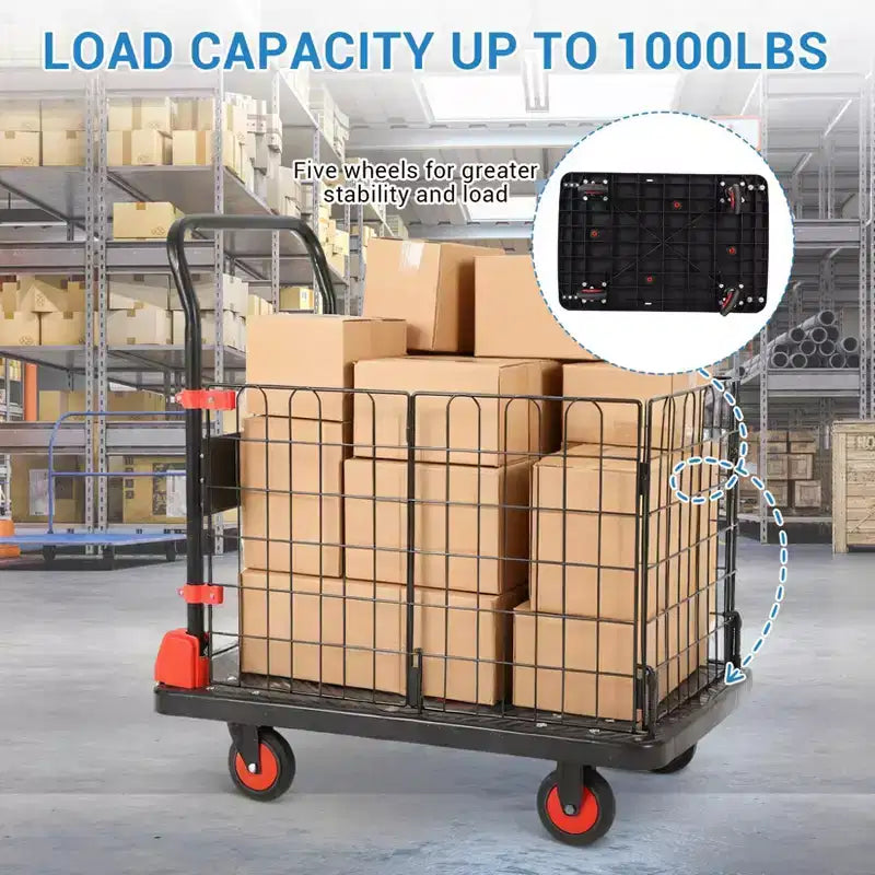 Carrello Piattaforma Robusto 1000 libbre con Gabbia, Carrelli Pieghevoli con Ruote, Carrelli Dolly Pieghevoli con Cesto