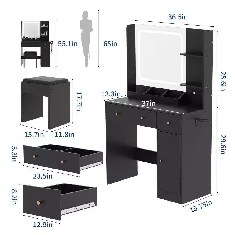 Set Toeletta Trucco con Specchio LED, Stazione di Ricarica, Mobiletto Contenitore, Cassetti e Sgabello, Tavolo da Trucco Moderno per Camera da Letto, 94 cm
