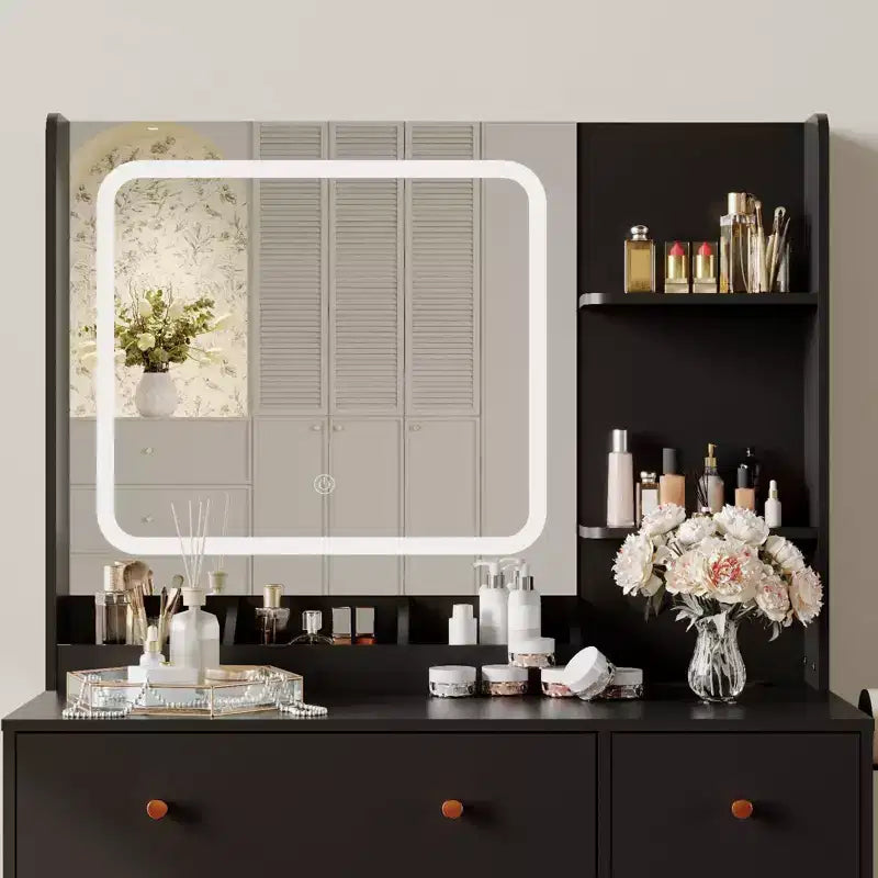 Set Toeletta Trucco con Specchio LED, Stazione di Ricarica, Mobiletto Contenitore, Cassetti e Sgabello, Tavolo da Trucco Moderno per Camera da Letto, 94 cm