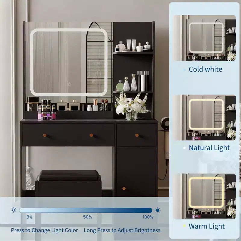 Set Toeletta Trucco con Specchio LED, Stazione di Ricarica, Mobiletto Contenitore, Cassetti e Sgabello, Tavolo da Trucco Moderno per Camera da Letto, 94 cm