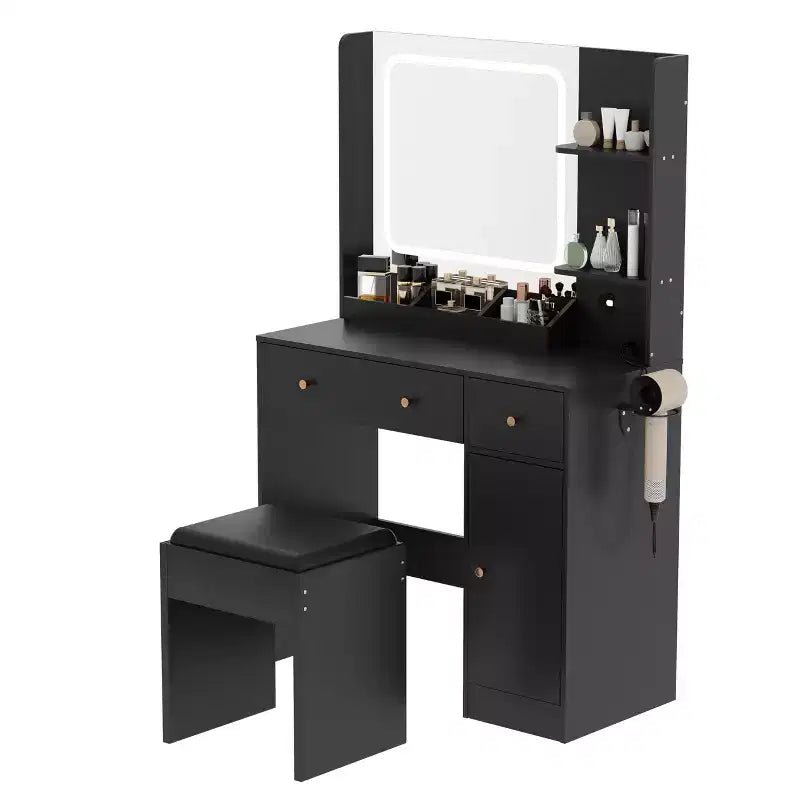 Set Toeletta Trucco con Specchio LED, Stazione di Ricarica, Mobiletto Contenitore, Cassetti e Sgabello, Tavolo da Trucco Moderno per Camera da Letto, 94 cm