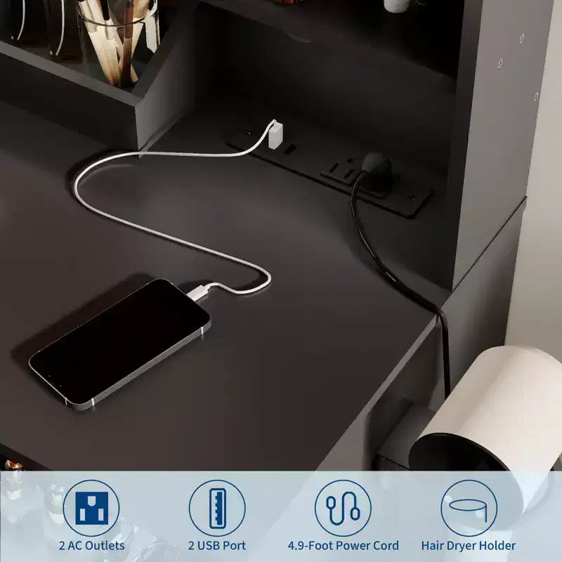 Set Toeletta Trucco con Specchio LED, Stazione di Ricarica, Mobiletto Contenitore, Cassetti e Sgabello, Tavolo da Trucco Moderno per Camera da Letto, 94 cm