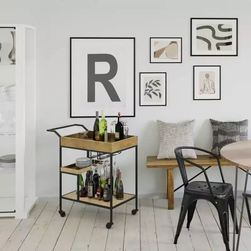 Carrello Bar Naturale - Carrello Portabevande con Supporti per Bicchieri, Legno di Mango e Ferro