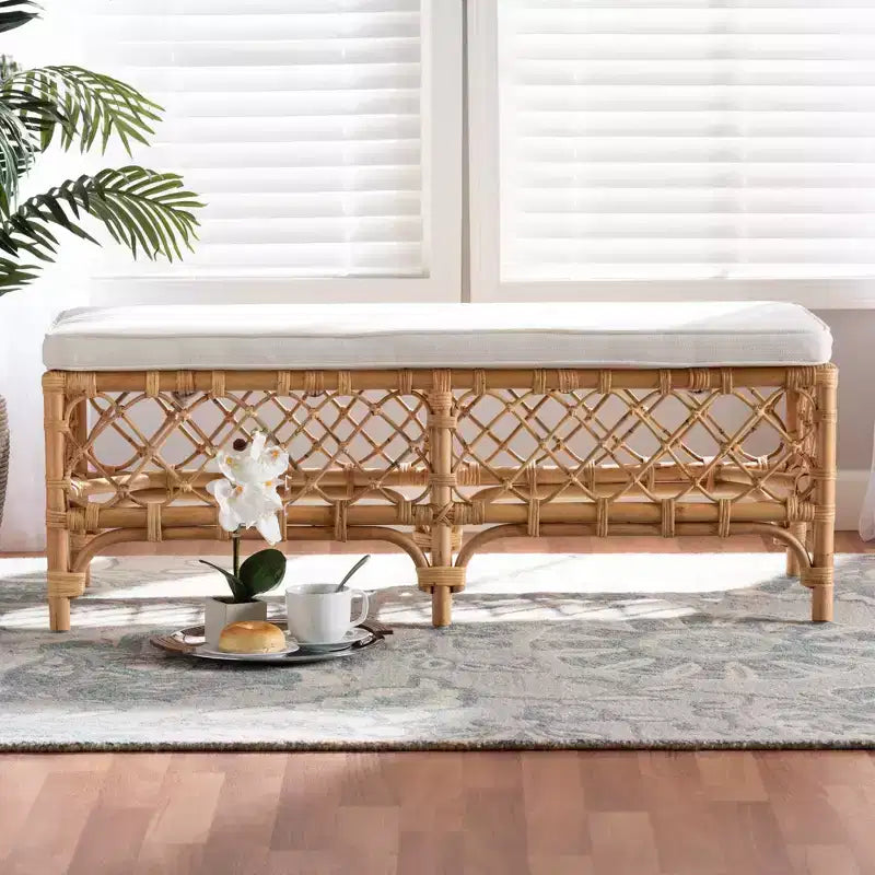 Orchard Fabric Upholstered and Rattan Bench White/Natural - bali & pari